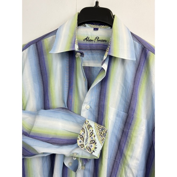 Alan Flusser Shirt Men's Large Long Sleeve Multi Stripe Button Down 100%‎ Cotton - Picture 1 of 8